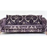 HEALS SOFA, contemporary design cut velvet with square section arms and tapering support, 210cm W.