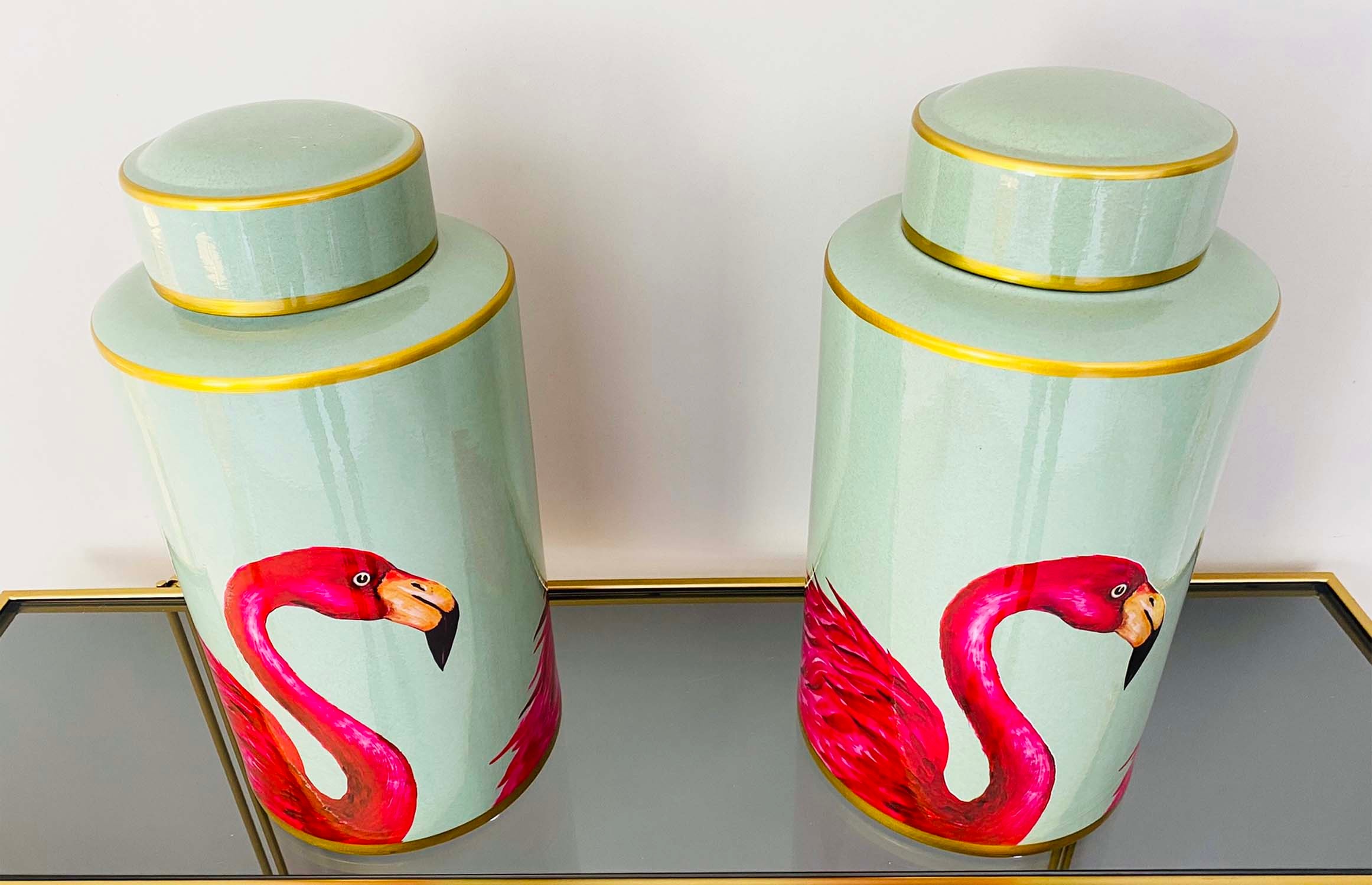 GINGER JARS, a pair, turquoise ceramic decorated with flamingos, 40cm H x 20cm x 20cm. (2) - Image 2 of 3