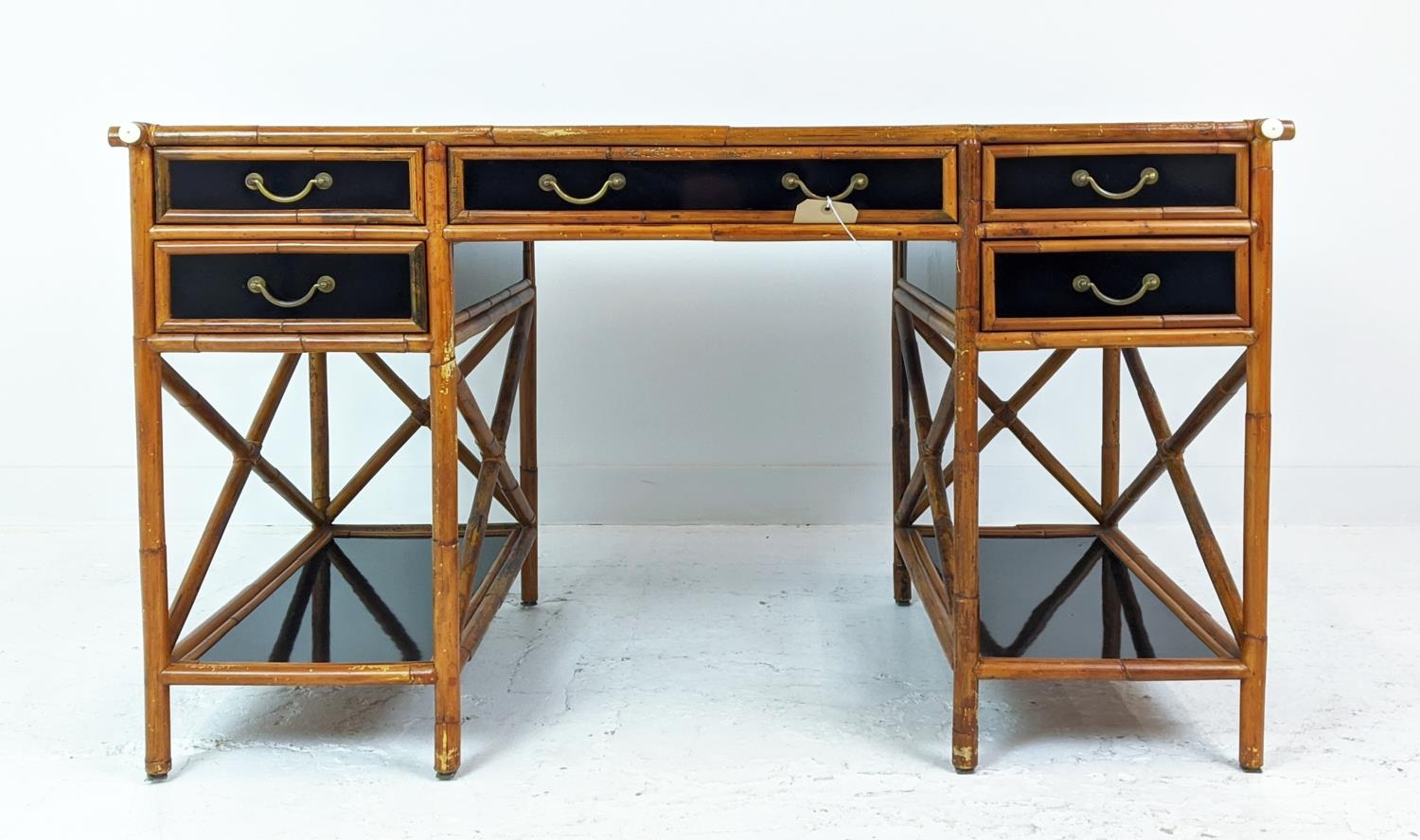 DESK, bamboo and black lacquer with five drawers, 128cm W x 77cm H x 68cm D. - Image 2 of 10