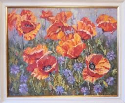 MIKHAIL ZHAROV (Ukrainian), 'Poppies and Cornflowers' 2013, oil on canvas, 79cm x 99cm (framed).