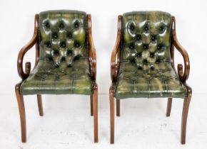 ARMCHAIRS, a pair, Regency style mahogany and buttoned green leather, 86cm H x 52cm. (2)
