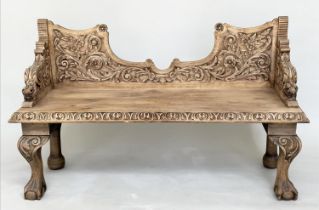 HALL SEAT, 19th century oak with carved back and arms and cabriole supports, 85cm H x 143cm W x 49cm