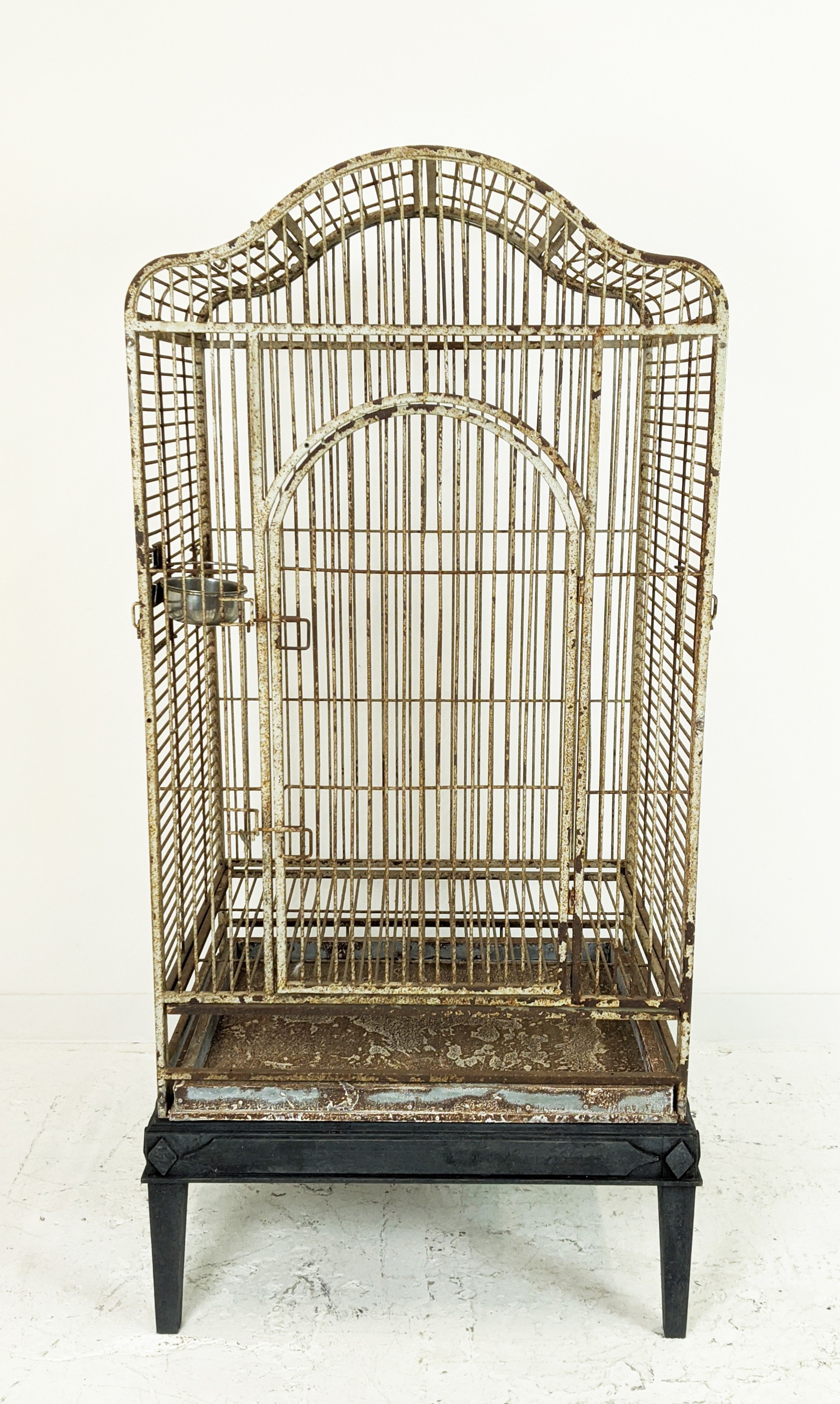 PARROT CAGE, painted iron on later ebonised stand, 178cm H x 86cm W x 66cm D. - Image 2 of 8