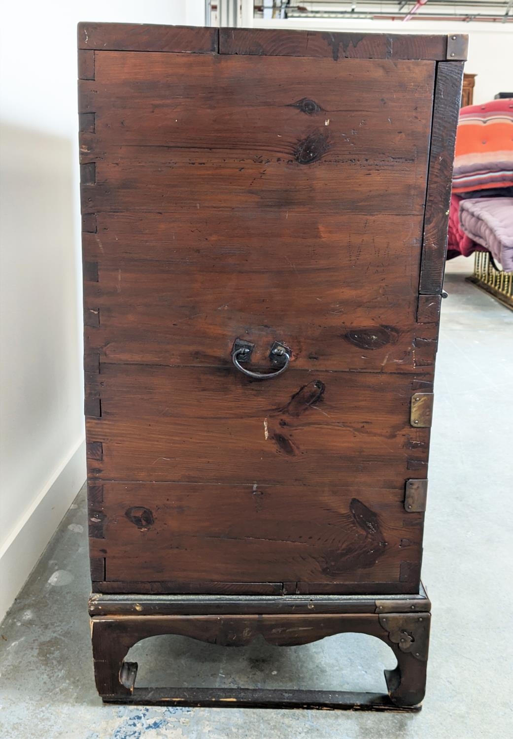 CHEST, 19th century Korean firwood and brass mounted with fall front enclosing four drawers, 99cm - Image 4 of 15