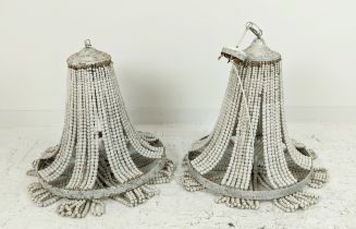 COACH HOUSE WOODEN BEADS CHANDELIERS, a pair, 110cm drop, not including chains of fittings. (2)