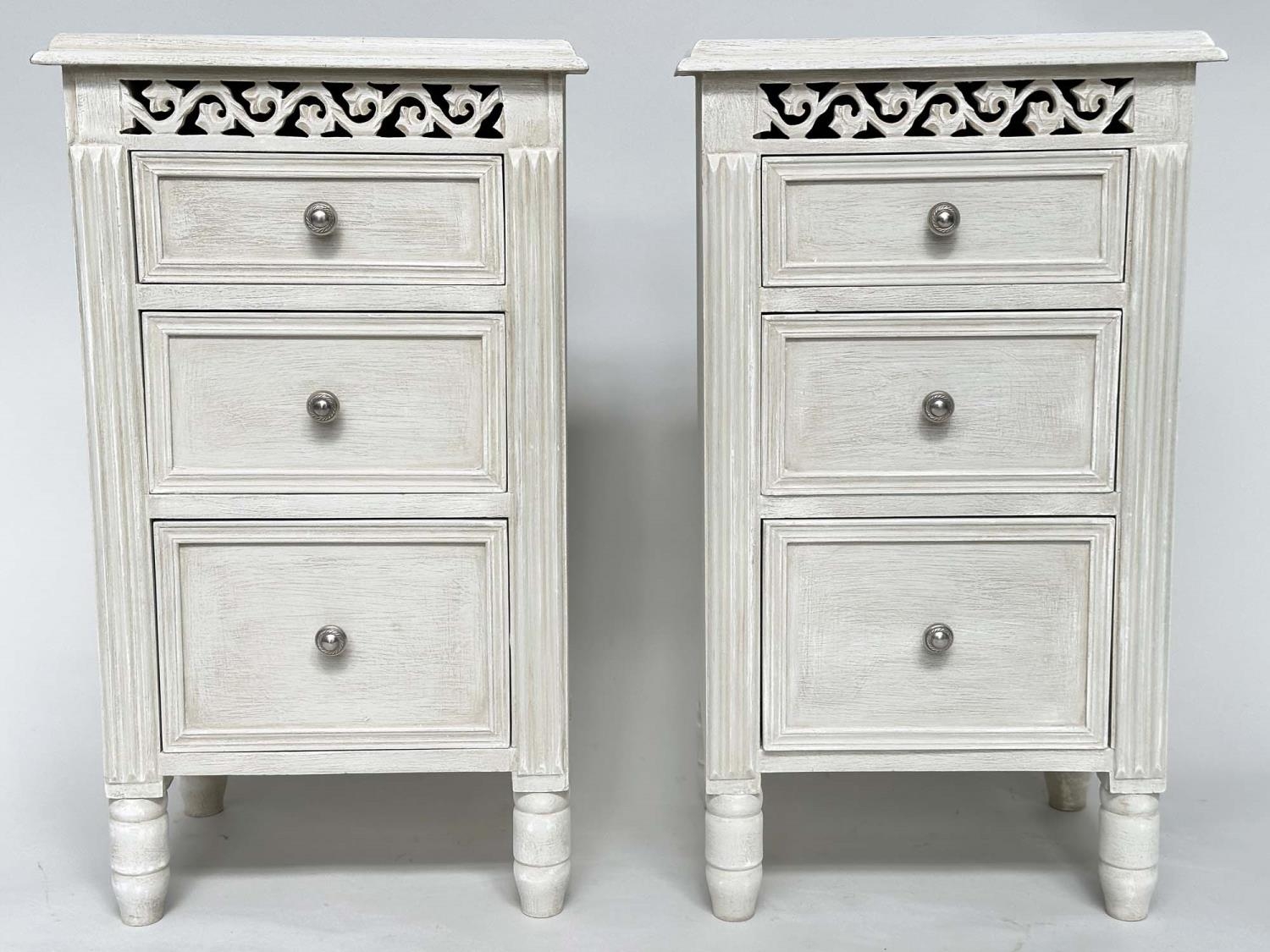 BEDSIDE CHESTS, a pair, French style grey painted each with three drawers and pierced frieze, 40cm x - Image 7 of 7