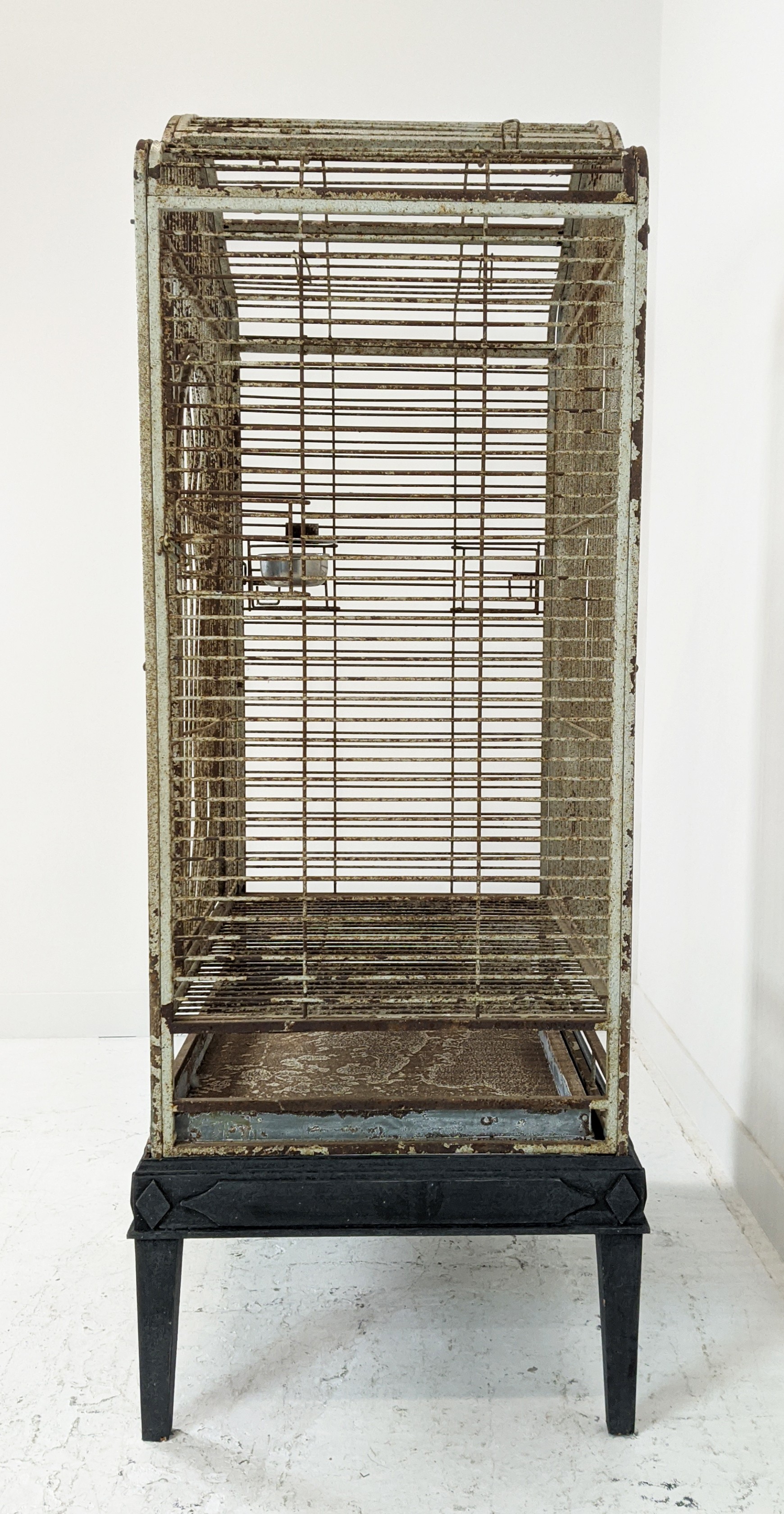 PARROT CAGE, painted iron on later ebonised stand, 178cm H x 86cm W x 66cm D. - Image 4 of 8