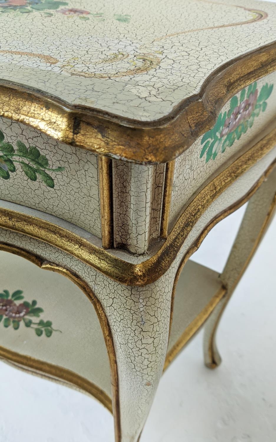 SERPENTINE BEDSIDE TABLES, Italianate craquelure, floral painted and gilt heightened, each with - Image 6 of 7