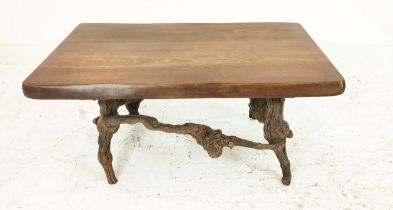 ROOT LOW TABLE, shaped elm top on naturalistic base, 48cm H x 100cm W x 59cm D.
