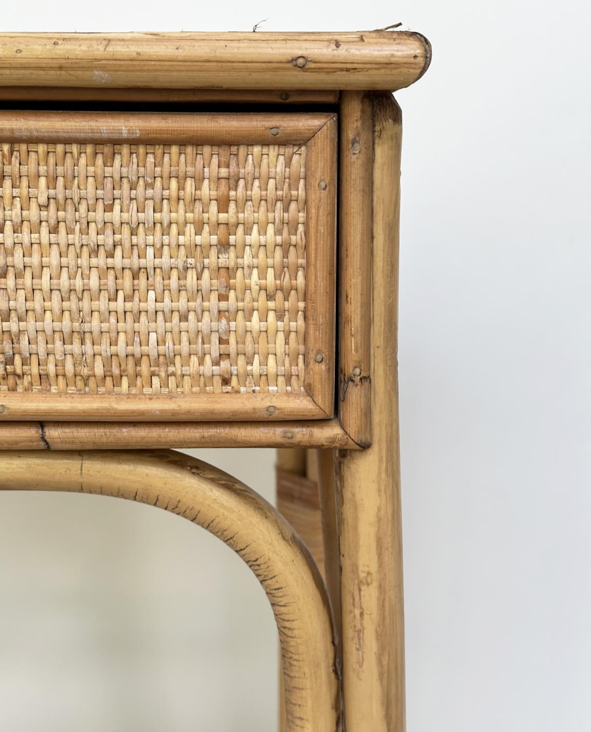 BAMBOO WRITING TABLE, vintage Colonial style rattan framed, wicker panelled and cane bound with - Image 3 of 10