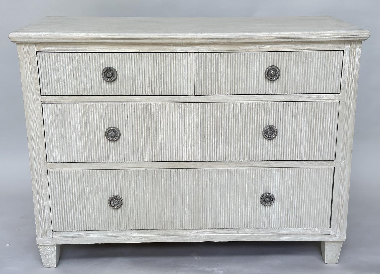 GUSTAVIAN STYLE COMMODE, 19th century Continental grey painted with four drawers and tapering - Image 3 of 7