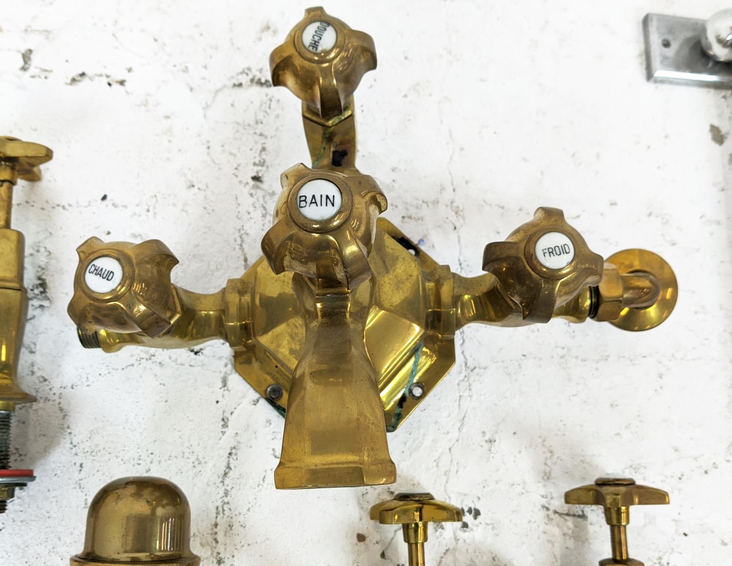 TAPS, brass, French Art Deco design, one pair of basin taps, one mixer tap and a mixer/shower bath - Image 2 of 6