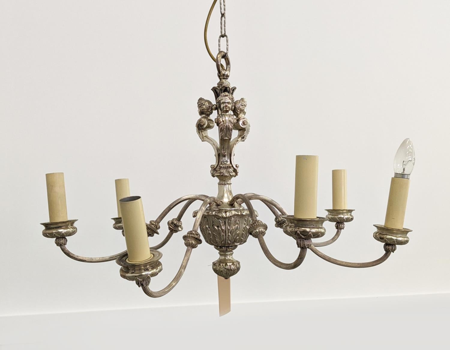 CHANDELIER, early 20th century silver plated, neo-classical style, seven branch with three