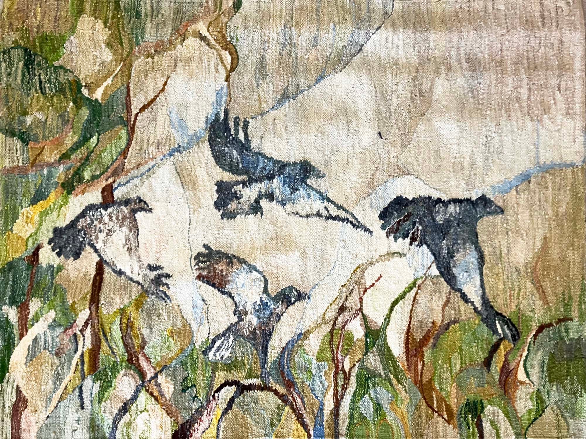 EUROPEAN SCHOOL, circa 1920, 'Birds inflight', woven textile, 103cmx 140cm.