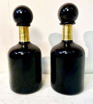 DECANTERS, a pair, Murano style black glass and gilt metal, 43cm H x 18cm W. (2)