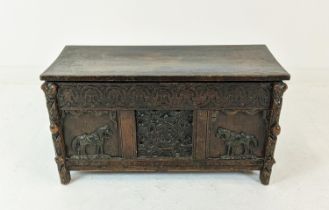 COFFER, antique Jacobean design oak, ash and metal mounted with a rising lid, carved detail and