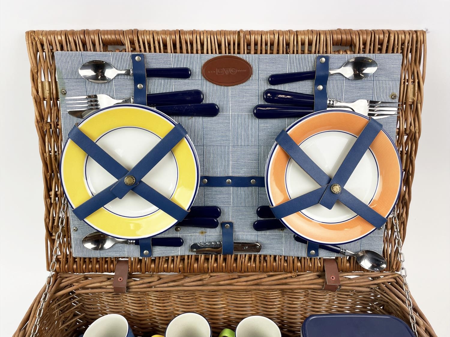 G.T.C. PICNIC BASKET, four place setting, including plates, cutlery, mugs, flask and tuperware in - Image 8 of 8