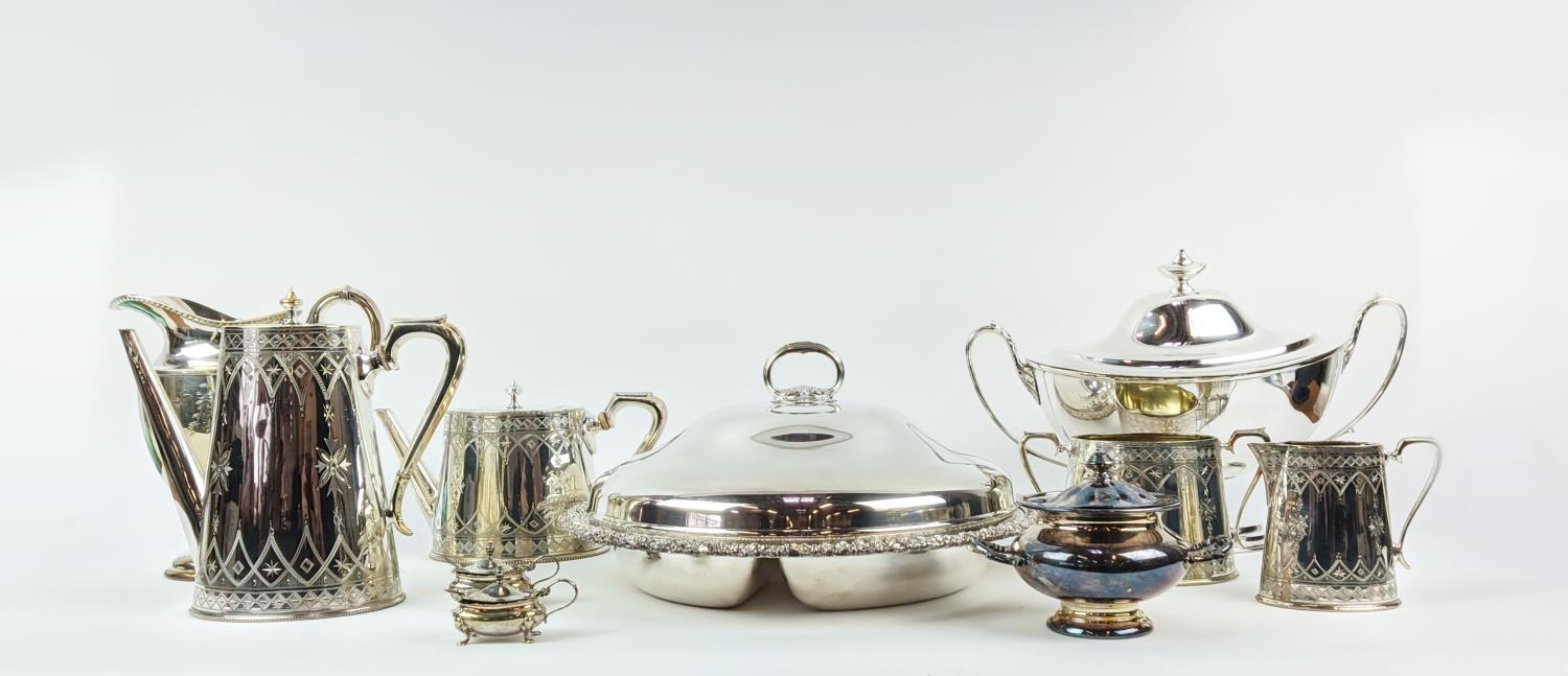 A COLLECTION OF SILVER PLATE, including Victorian tea and coffee service, entree dish, trays, twin - Image 5 of 39
