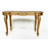 WINDOW SEAT, late 19th century French Louis XVI style giltwood with cane seat and carved tapering