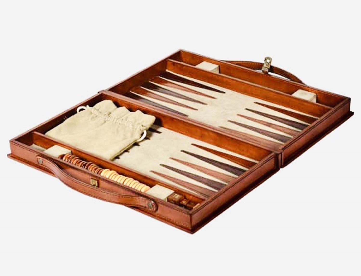 BACKGAMMON SET, in a leathered case, 40cm W x 23cm H x 7cm D.