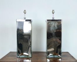 TABLE LAMPS, a pair, of oversized proportions, polished metal finish and mirrored base, each base