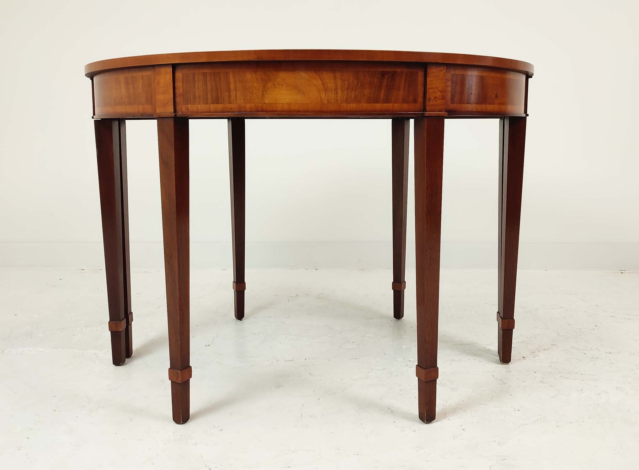 DEMI LUNE TABLES, a pair, George III design mahogany and satinwood inlaid, 77cm H x 112cm x 47cm. ( - Image 3 of 6
