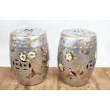 BARREL STOOLS, a pair, Chinese style silver ceramic with bird decoration, 47cm H. (2)