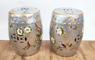 BARREL STOOLS, a pair, Chinese style silver ceramic with bird decoration, 47cm H. (2)