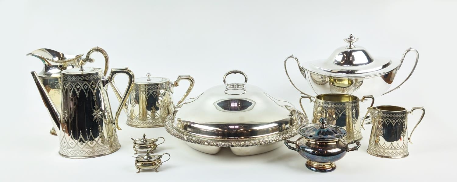 A COLLECTION OF SILVER PLATE, including Victorian tea and coffee service, entree dish, trays, twin