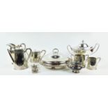 A COLLECTION OF SILVER PLATE, including Victorian tea and coffee service, entree dish, trays, twin