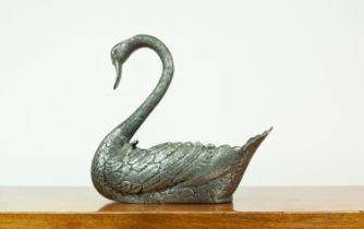 SWAN JARDINERE, French pewter with glass eyes, and liner, 46cm H x 46cm.