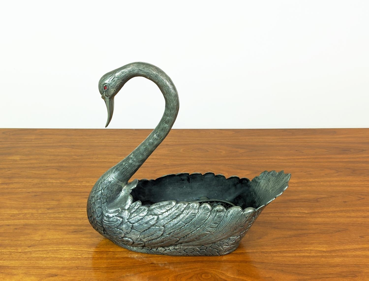 SWAN JARDINERE, French pewter with glass eyes, and liner, 46cm H x 46cm. - Image 2 of 10