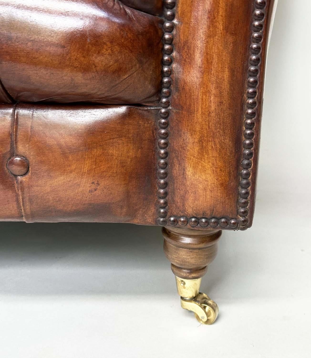 CHESTERFIELD SOFA, natural brass studded soft antique tan brown leather with deep buttoned arched - Image 3 of 9