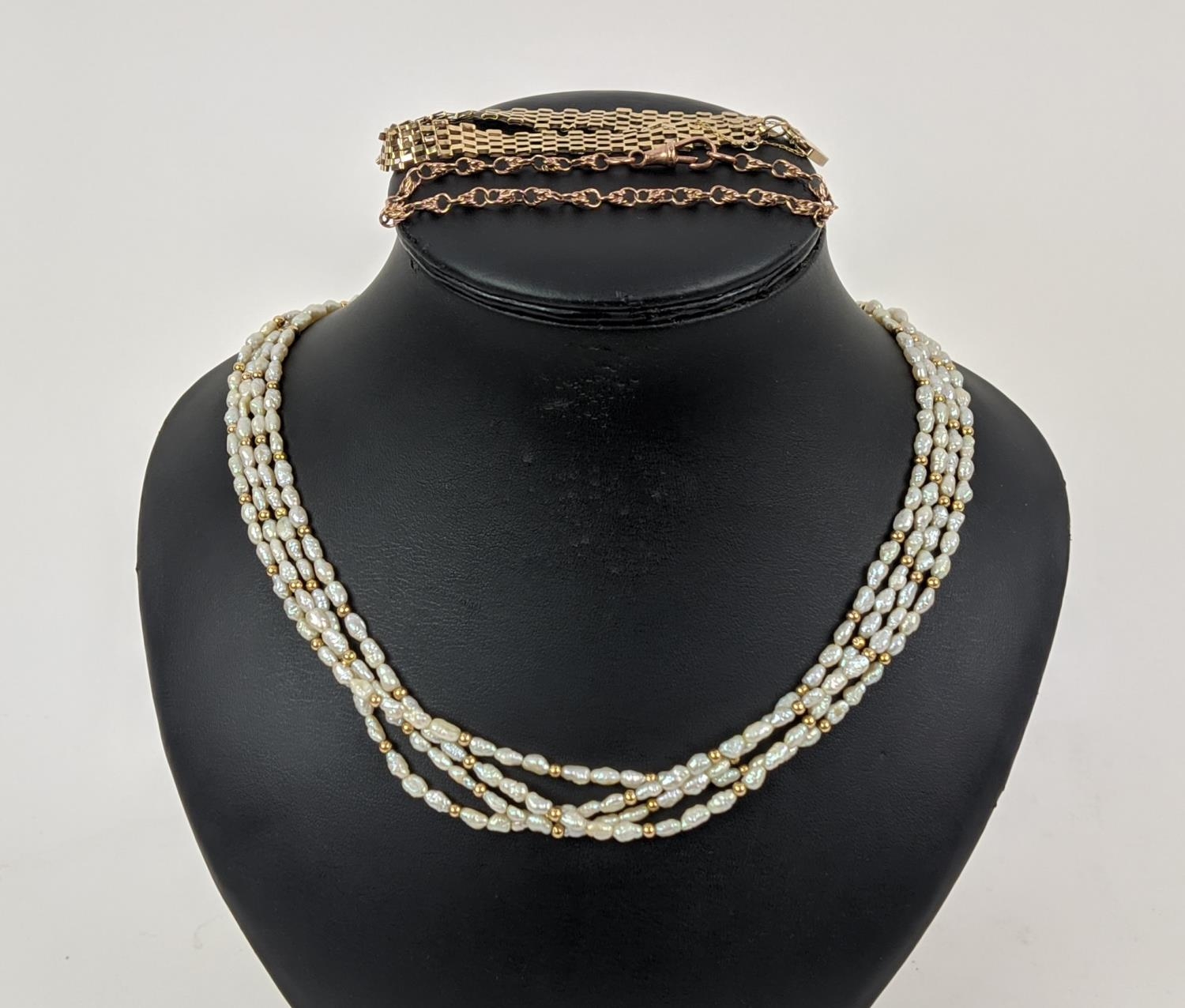 A FOUR STRAND RICE PEARL NECKLACE, with a gold ball clasp, a 9ct gold gatelink bracelet, etc