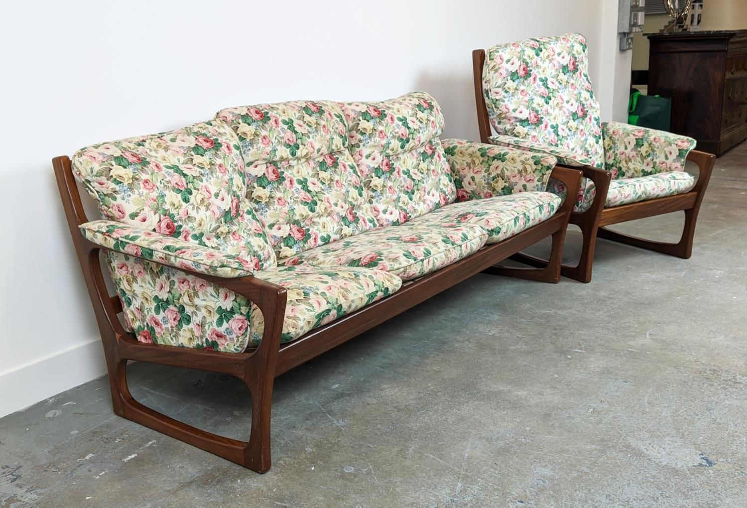 SOFA, circa 1970, Danish teak with floral cushions, 75cm H x 185cm x 76cm and a pair of matching - Image 4 of 10