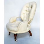 SLIPPER ARMCHAIR, 19th century button upholstered, yellow fabric with turned front supports, 46cm W.