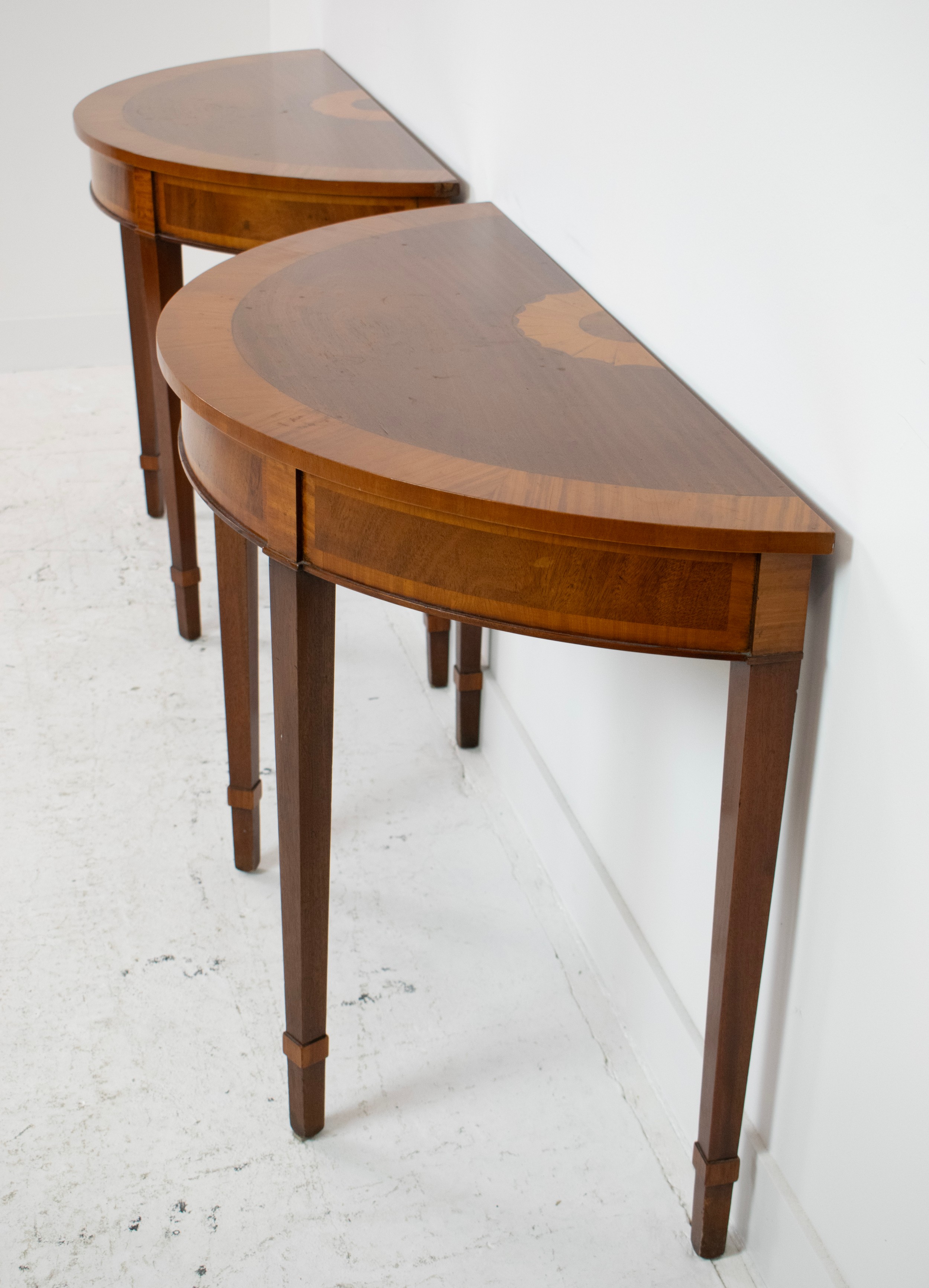 DEMI LUNE TABLES, a pair, George III design mahogany and satinwood inlaid, 77cm H x 112cm x 47cm. ( - Image 2 of 6