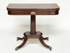 CARD TABLE, Regency period, rosewood and gilt metal inlaid foldover, beaded with facetted column and