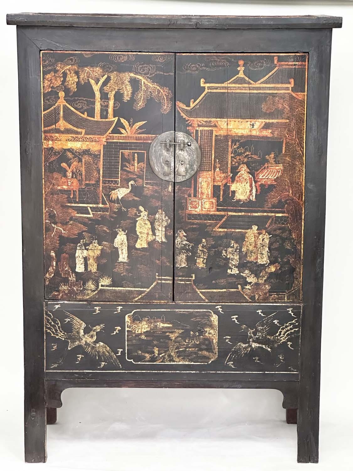 MARRIAGE CABINET, 19th century Chinese gilt and polychrome Chinoiserie decorated with two doors