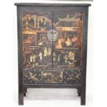 MARRIAGE CABINET, 19th century Chinese gilt and polychrome Chinoiserie decorated with two doors