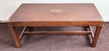 LOW TABLE, 43cm H x 107cm W x 46cm D, campaign style mahogany and brass bound.