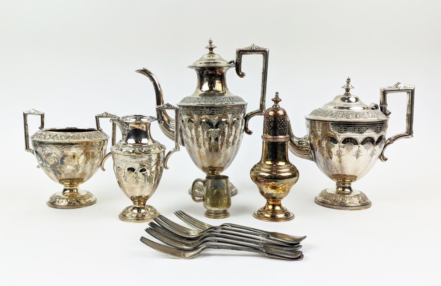 A COLLECTION OF SILVER PLATED WARE, comprising a Victorian aesthetic four piece tea and coffee