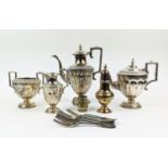 A COLLECTION OF SILVER PLATED WARE, comprising a Victorian aesthetic four piece tea and coffee