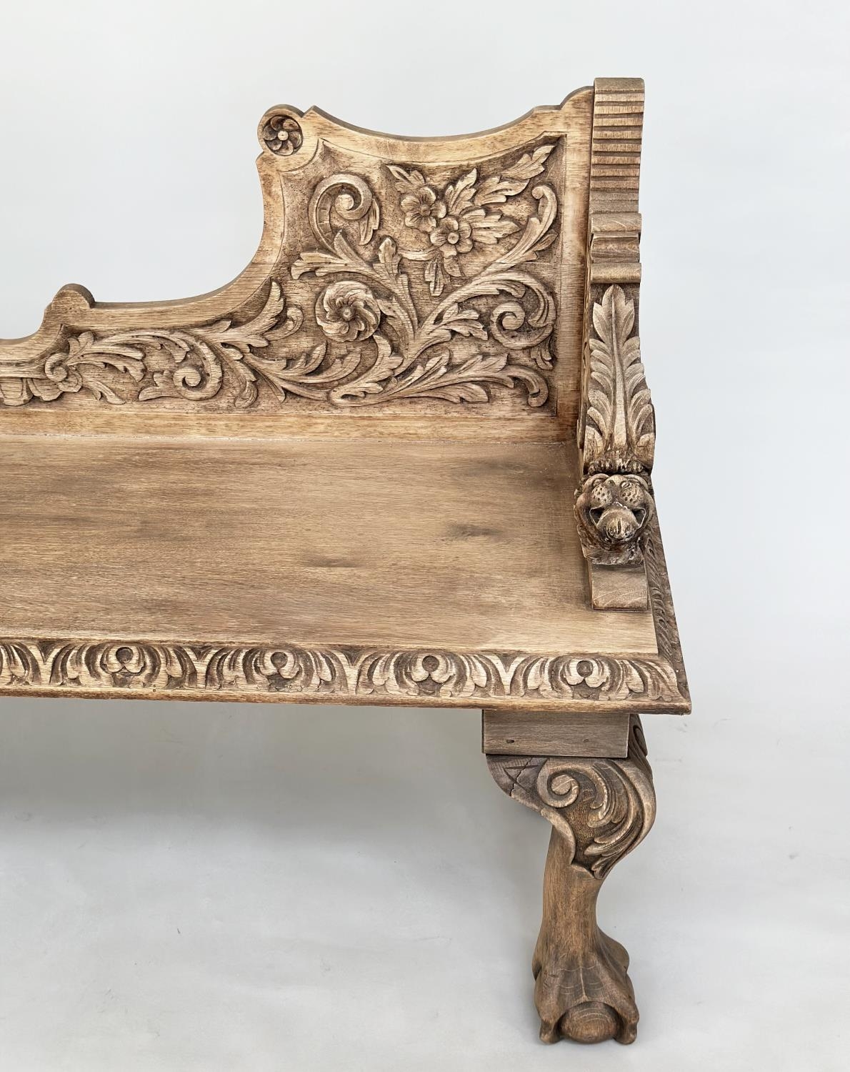 HALL SEAT, 19th century oak with carved back and arms and cabriole supports, 85cm H x 143cm W x 49cm - Image 4 of 9