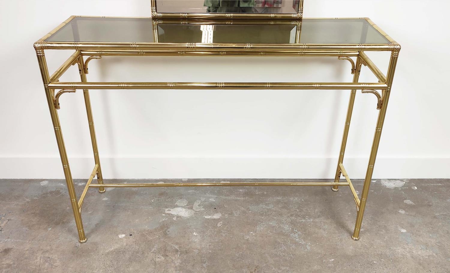 CONSOLE TABLE, gilt metal faux bamboo with glass top 109cm x 78cm H x 35cm, together with a matching - Image 5 of 5