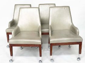 DINING CHAIRS, a set of four, stitched grey leather, oak framed with chromium ball castors by