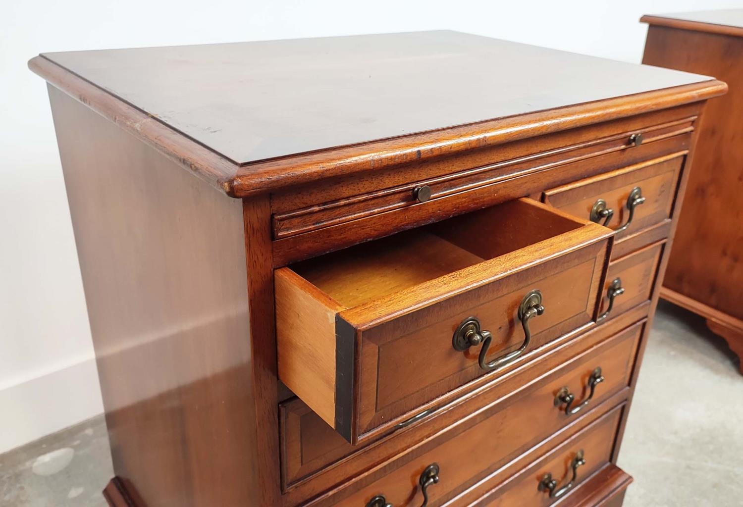 BEDSIDE CHESTS, a pair, Georgian style yewwood, each with green leather slide above five drawers, - Image 10 of 10