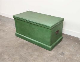 TRUNK, Victorian green painted pine with wreath decorated top, interior trays and iron handles, 50cm