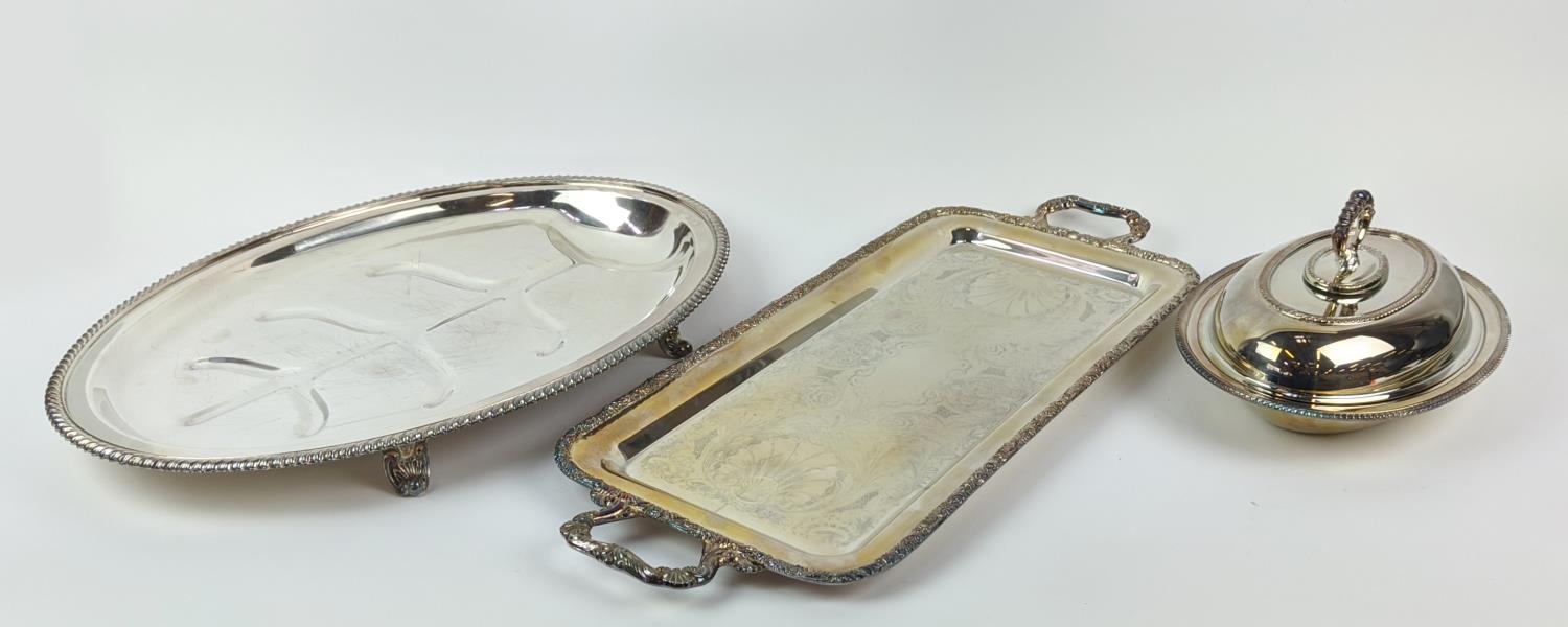 A COLLECTION OF SILVER PLATE, including Victorian tea and coffee service, entree dish, trays, twin - Image 19 of 39