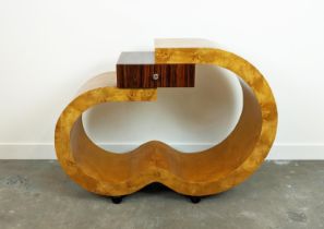 CONSOLE TABLE, Art Deco style burr wood with central drawer, 90cm H x 119cm W x 42cm D.